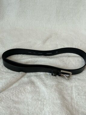 Fossil Black Leather Belt with Square Silver Tone Buckle